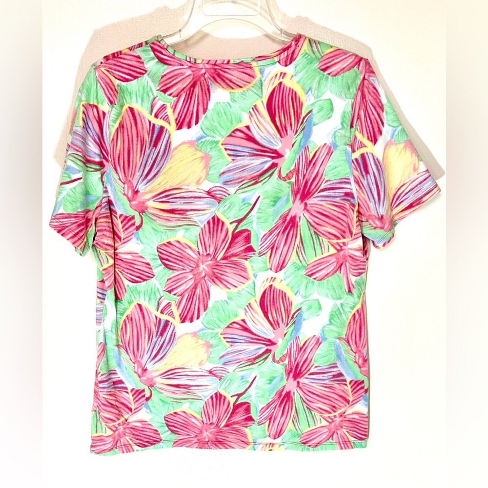 Talbots Floral Tee - Pink, Green, Yellow, cotton blend, size L